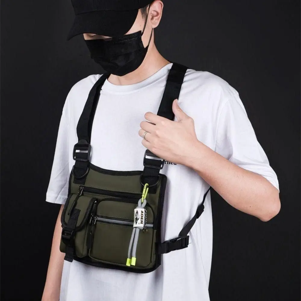 Oxford Cloth Men Chest Bag Large Capacity with Reflective Stripes Man' s Vest Bag Multi Pocket Phone Pack