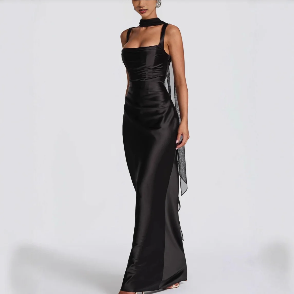 Mingmingxi Kleid für formelle Anlässe, Damen-Maxi-Korsettkleid, Satin, sexy Schnürung, elegantes Hochzeitsgastkleid mit Schal