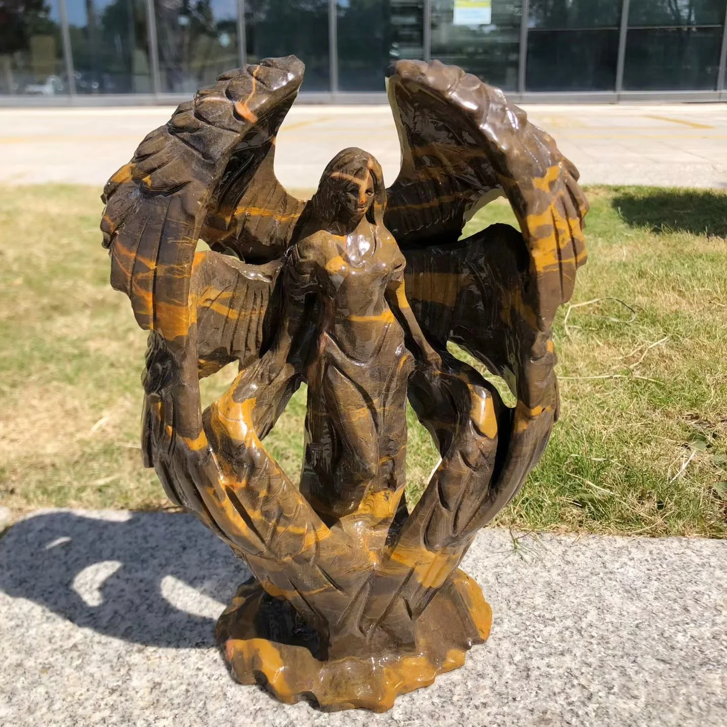 24cm Natural Quartz Jasper Angel Figurine, Large Winged Angel Stone Statue Desktop Altar Home Decoration Craft