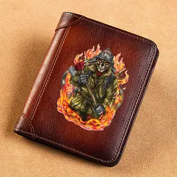 Vintage High Quality Genuine Leather Wallet  Firefighter Skeleton Skull Printing Standard Short Purse BK1341