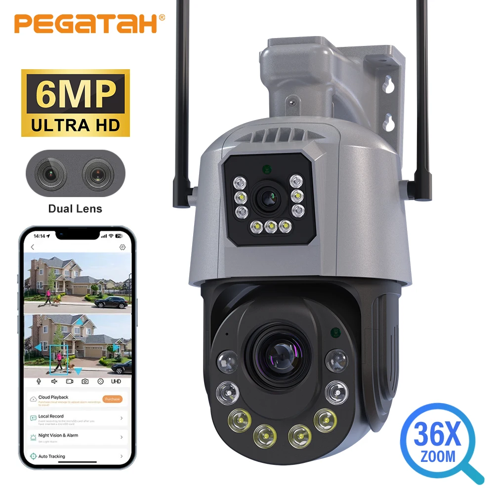 PEGATAH 6MP Wifi PTZ 36X Gun Ball Linkage IP Camera Outdoor Dual Lens 18X Zoom Human Detection CCTV Security Surveillance Camera