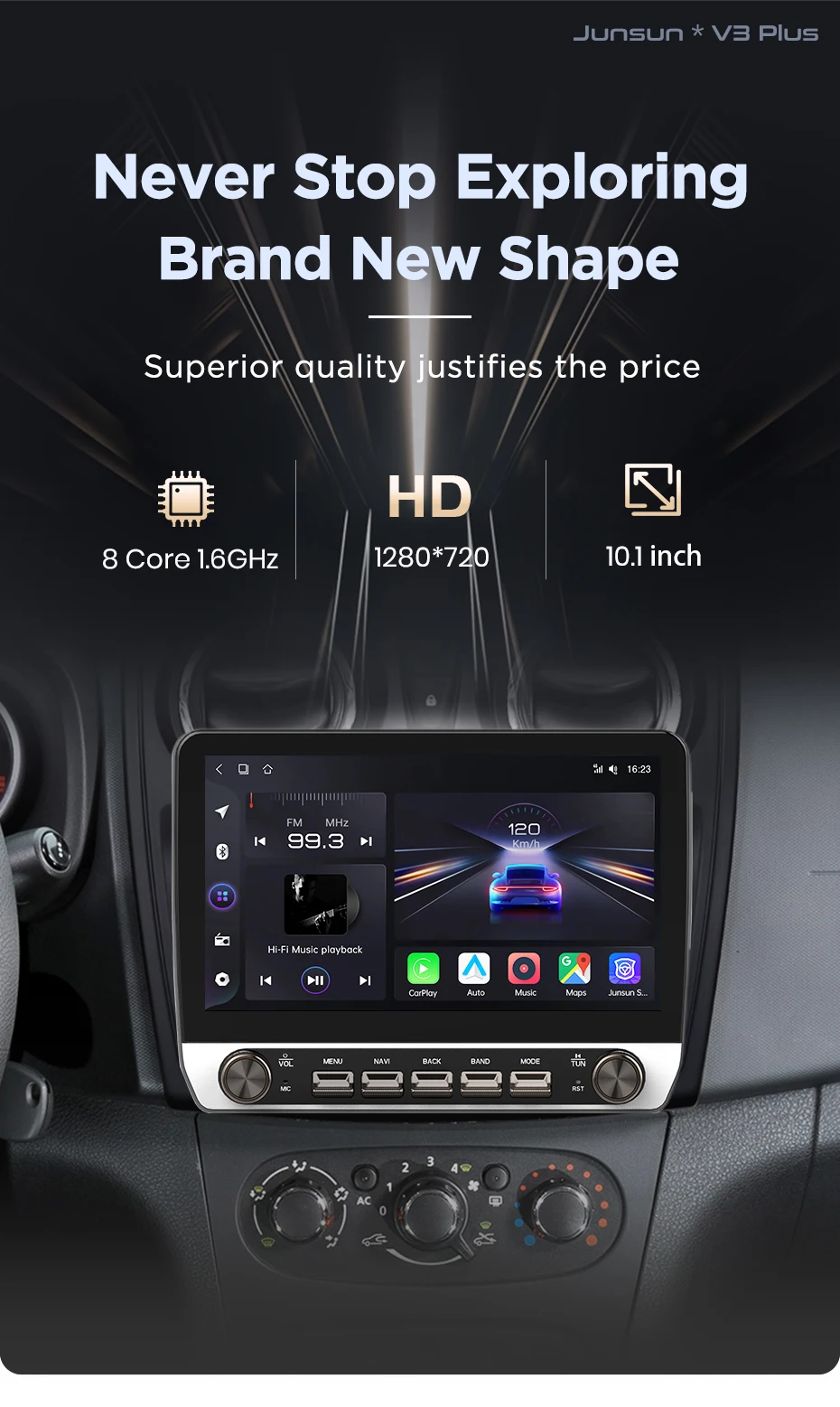 Junsun 10,1-Zoll-Tasten Kabelloses Carplay Android Auto Autoradio für Renault Logan 2 Sandero 2014-2019 Bluetooth GPS Navi 4G DSP – Detail 5