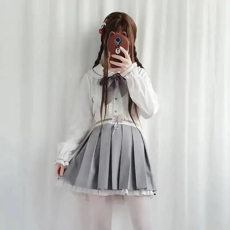 Süßes Lolita Frühlings- und Herbstfee weibliches Bärenkleid aus reiner Baumwolle + Hemd Rollenspiel zweiteiliges Cosplay Kawayi