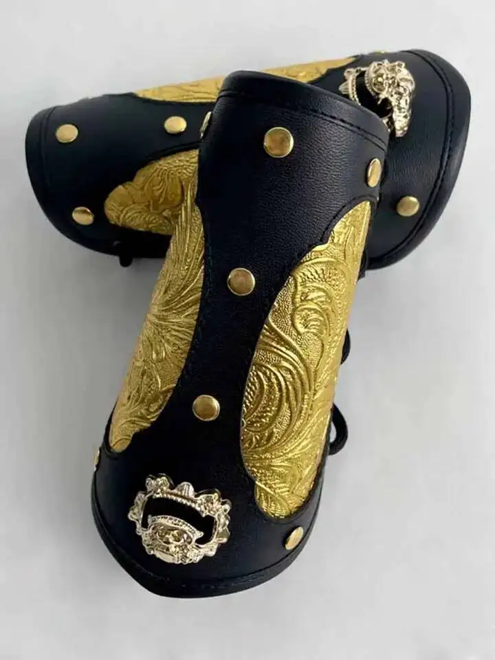 Hanfu Wrist Guards Men Kids Gold Leather Armor Chinese Retro Arm Guards Golden Brown Hanfu Accessories Hunting Armguards Women