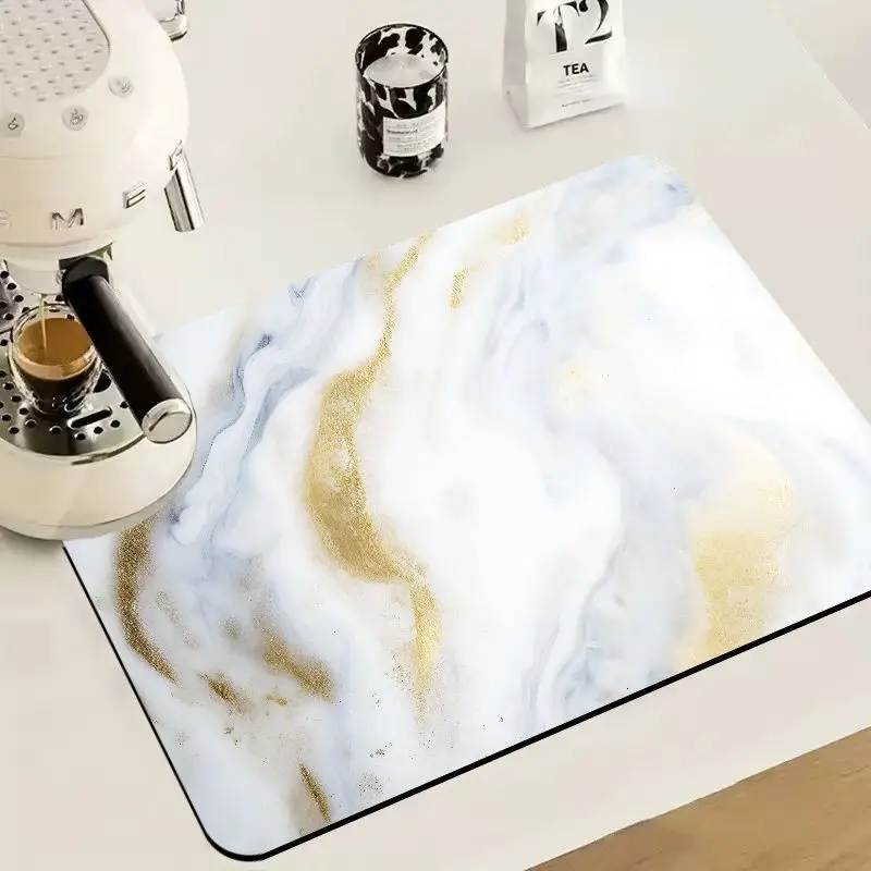 VIKAMA White Blue Gold Sand Marble Coffee Mat Absorbent Oilproof Non Slip Pad Coffee Maker Kitchen Counter Decor Mat
