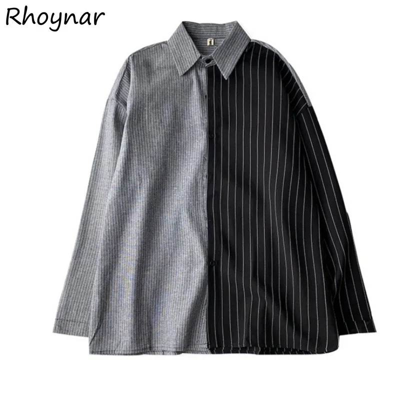 Patchwork Shirts Women Ulzznag High Street Long Sleeve Striped Turn-down Collar Baggy Simple Leisure All-match Couples Unisex