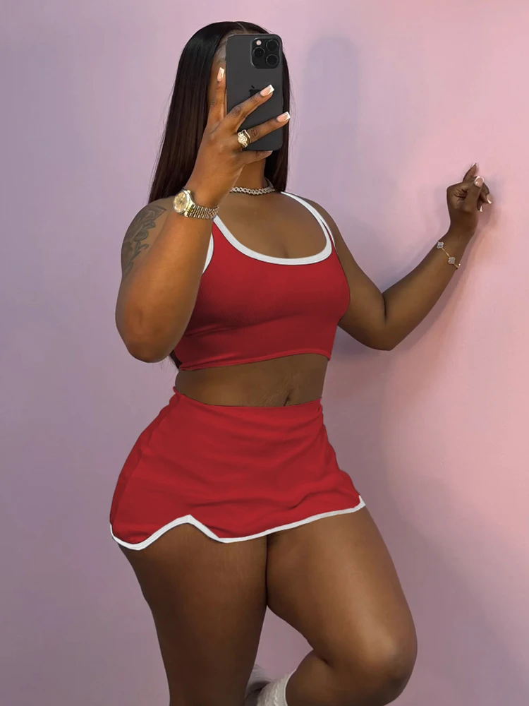Panelled Trim Matching Women 2 Piece Set Fashion Concise U-neck Backless Slim Crop Tanks+Irregular Mini Skirts Daily Suits