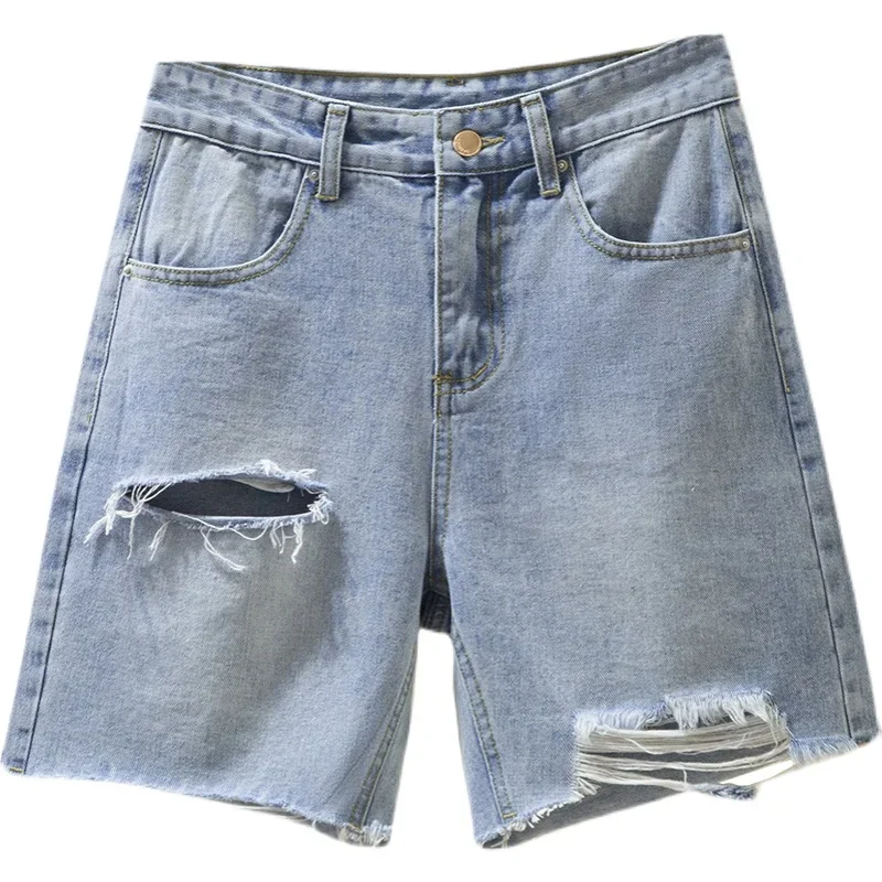 Shorts jeans rasgados para mulheres, meio jeans feminino, streetwear solto, calça curta casual, calça quente, buraco reto, verão