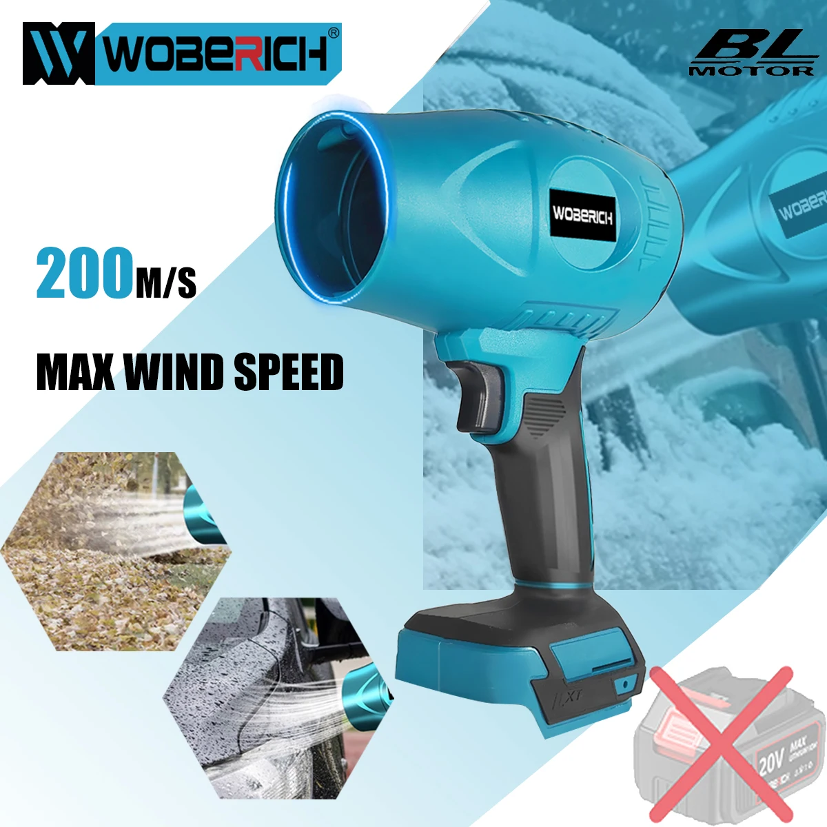 

WOBERICH Brushless Electric Blower Turbo Jet Fan 200M/S Violent Air Gun Snow Leaf Dust Blowing Tool for Makita 18V （No battery）