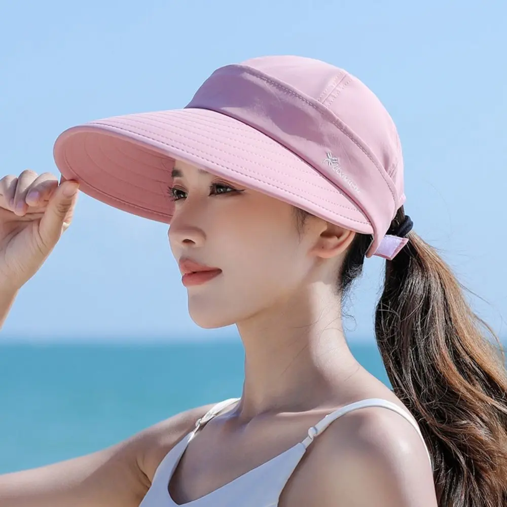 Detachable Women Summer Sun Hat Casual UV Protection Wide Brim Empty Top Ponytail Cap Foldable Adjustable Beach Cap