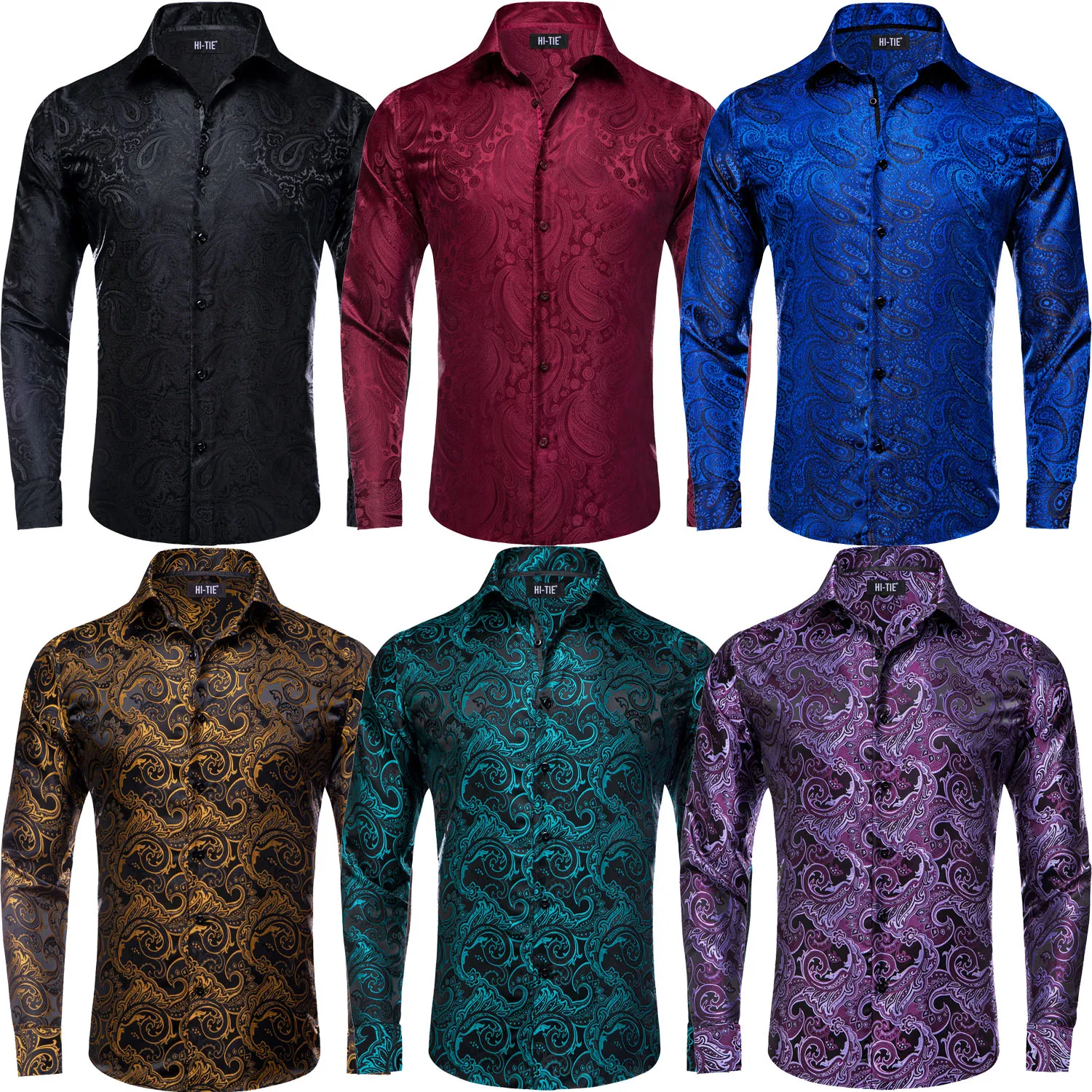 Hi-Tie Fashion Mens Silk Shirt Long Sleeve Paisley Lapel Shirt For Men Formal Wedding Gift Black Red Blue Gold Purple Teal Green