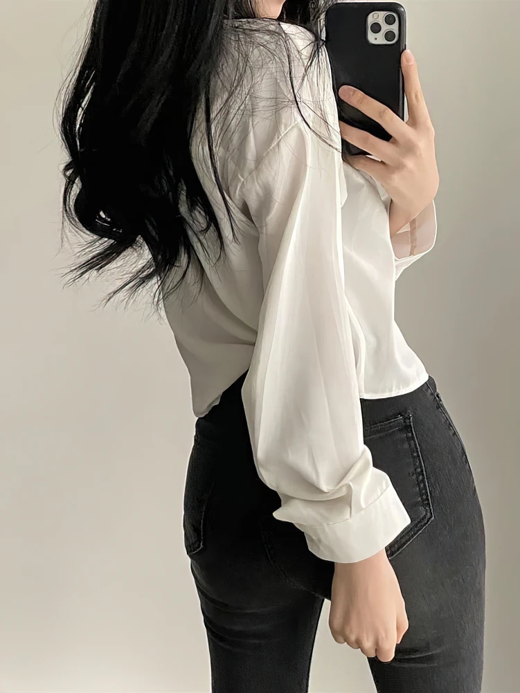 Long sleeve Polo Neck Oversize Cropped Shirt Women Korean Button up Cool Blouse Female Casual Short Tops