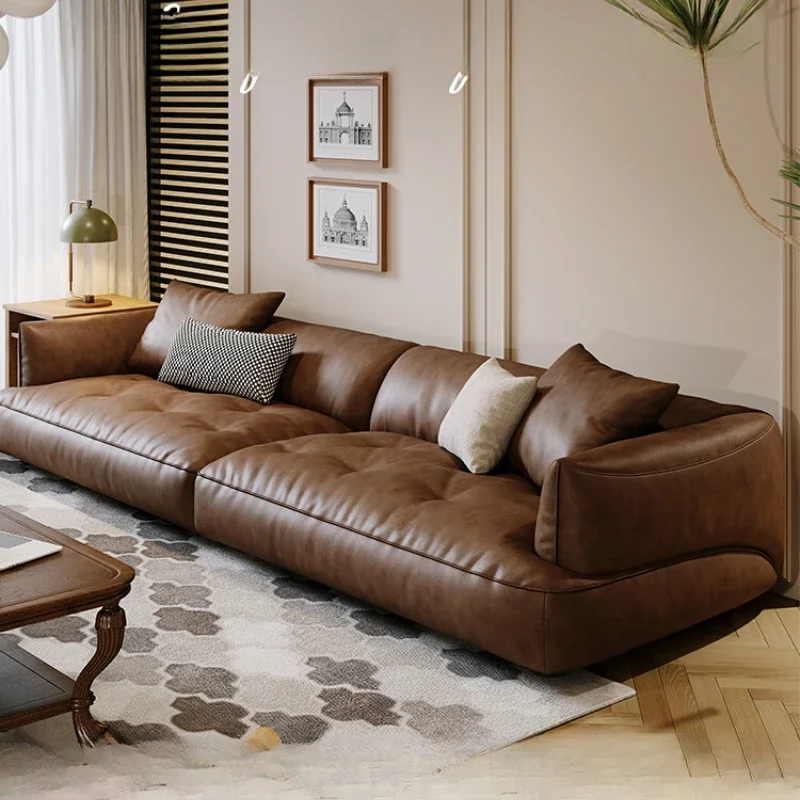 

Leather sofa medium antique first layer cowhide retro simple straight row small apartment large sitting dark brown sofa