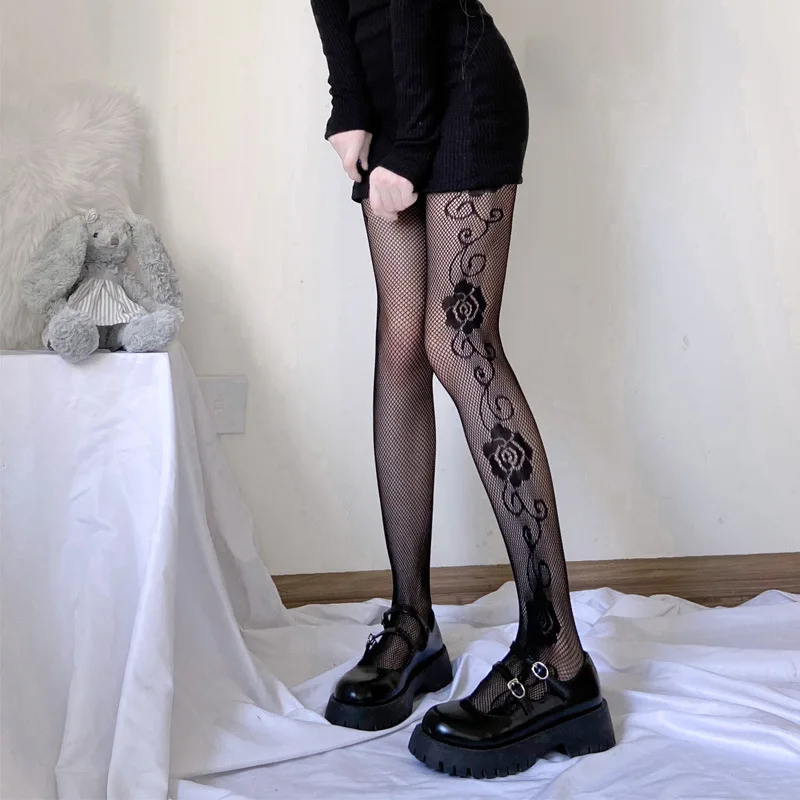 Women Girls Goth Punk Sexy Lolita Fishnet Pantyhose Stockings Harajuku Rose Flower Hollow out Pattern Tights Mesh Socks Leggings