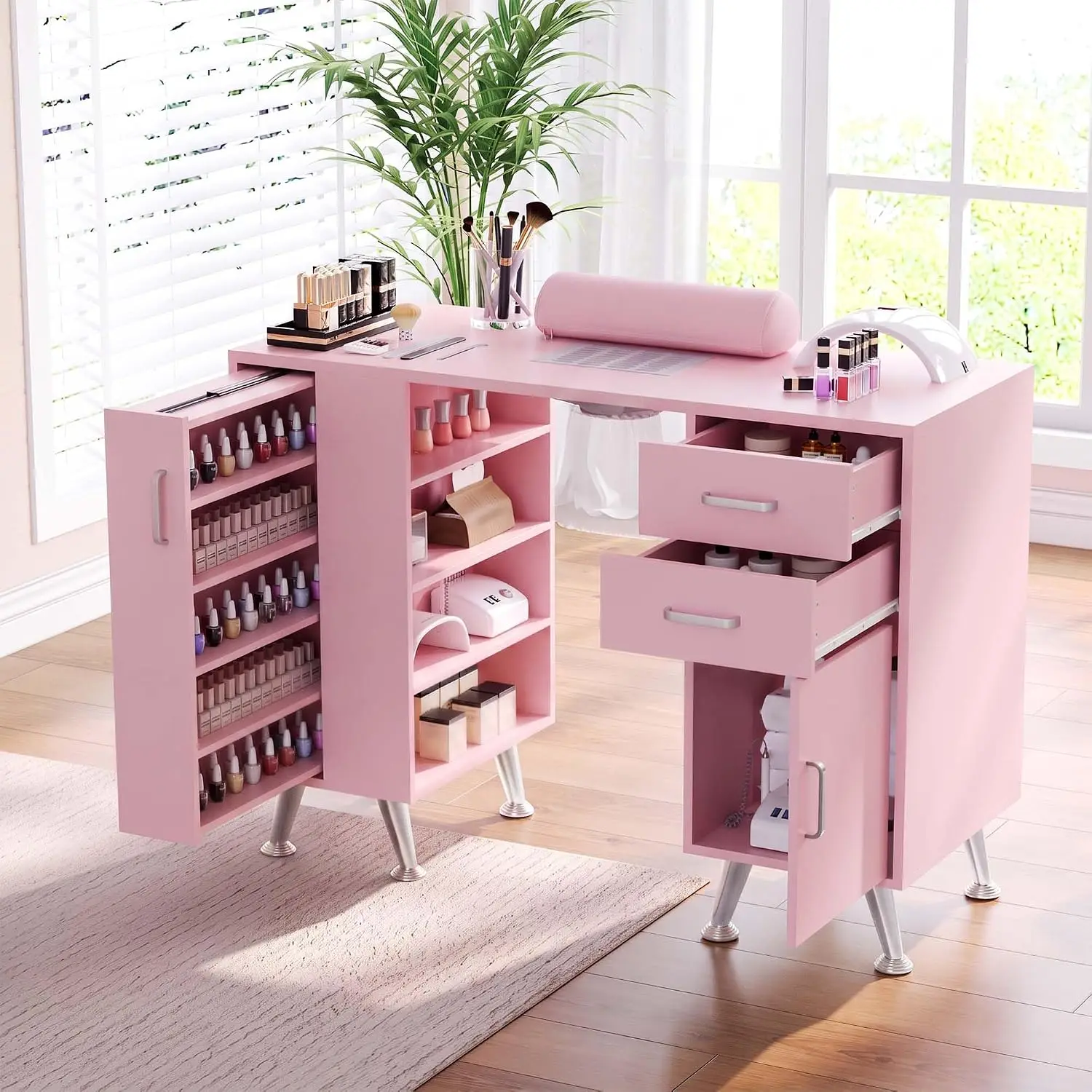 Professional Manicure Table With Dust Collector Nail Tech Desk Station Featuring Wrist Rest Storage Cabinet 2 Drawers And Vertical Pull Out Shelf For Beauty Salon Spa