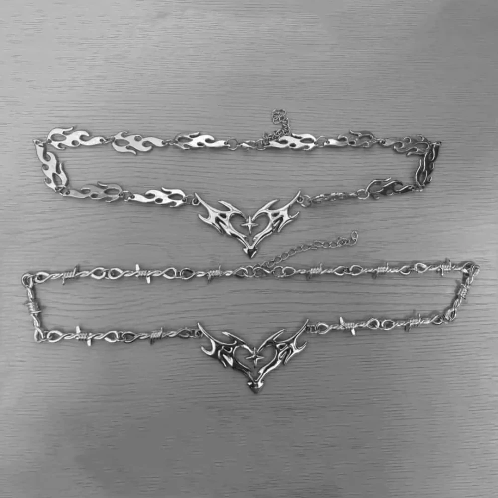 Y2k Cross Flame Heart Choker Punk Jewelry Necklace Gothic Accessories Thorns Barbed Wire Hippie Flame Heart Charm Gift For Women