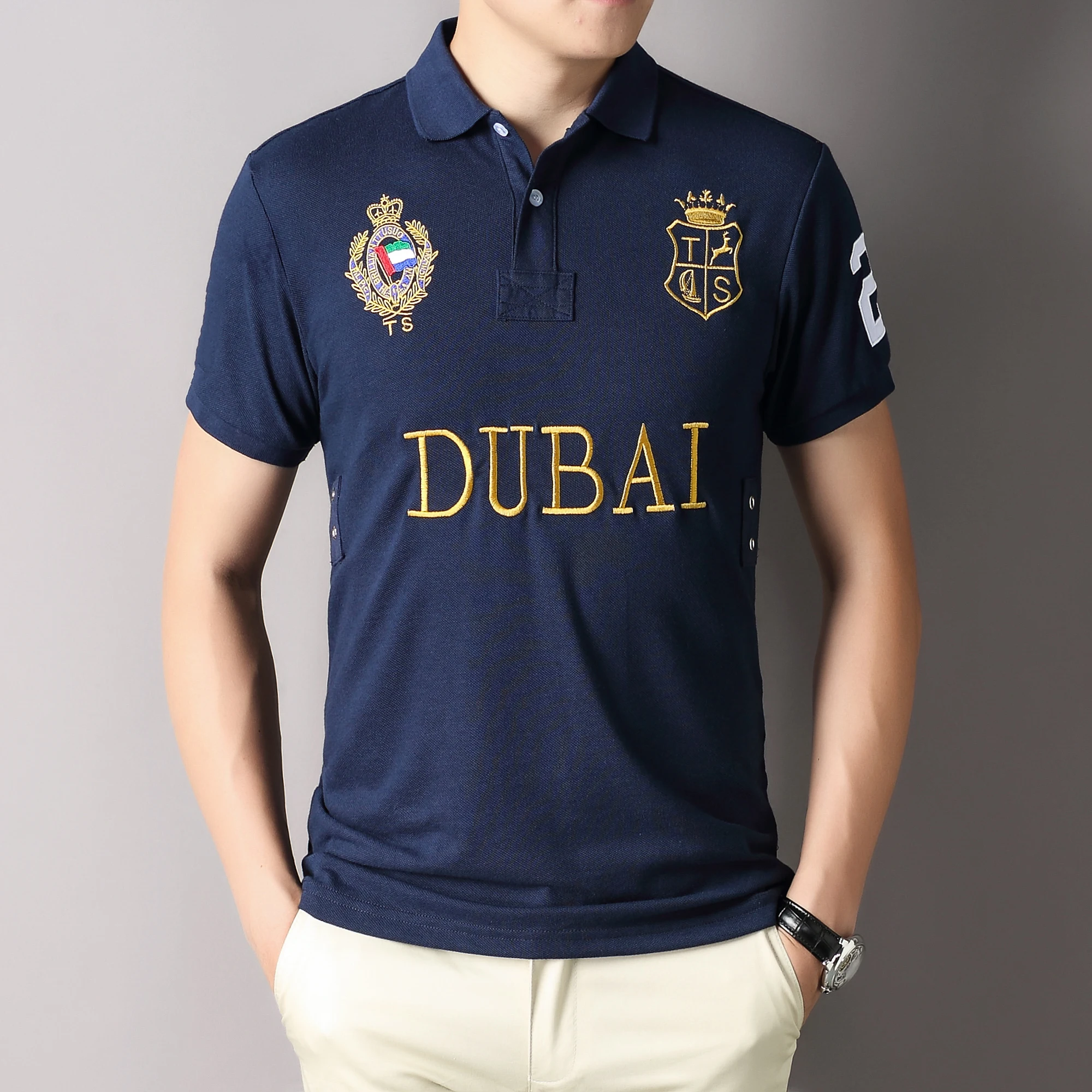 Polo para hombre, Emiratos Árabes Unidos, Dubái, corto, informal, deportivo, fiesta, bordado de algodón de alta gama, color de contraste de lujo, diseño original