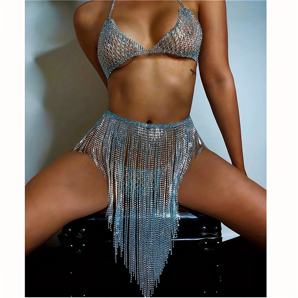 3pc Sexy Shiny S Blue Crystal Top Shorts Skirt Jewelry Women's Fashion Nightclub Party Shiny Ball Bikini Set Wear Jewelry - view 5