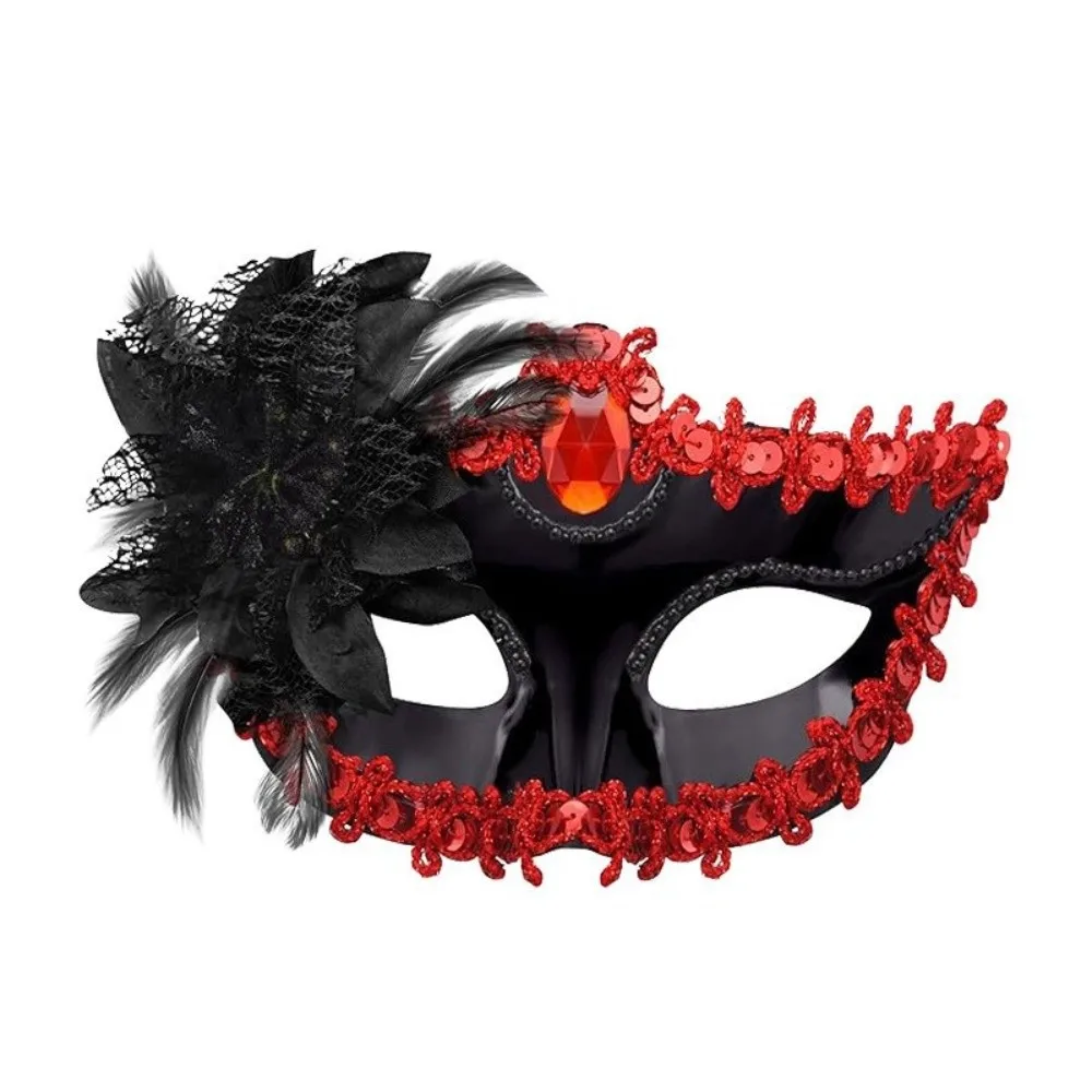 Half Face Cut Masquerade Eye Mask Rhinestone Embedded Side Flower Trim Feather Face Veil Soft Feather Accent Lightweight Plastic