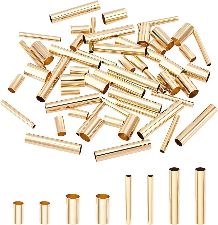 60pcs Brass Tube Beads 4Sizes 9~24.5mm Long Tube Spacer Beads 24K Gold Plated Macrame Beads for DIY Chime Jewelry Making