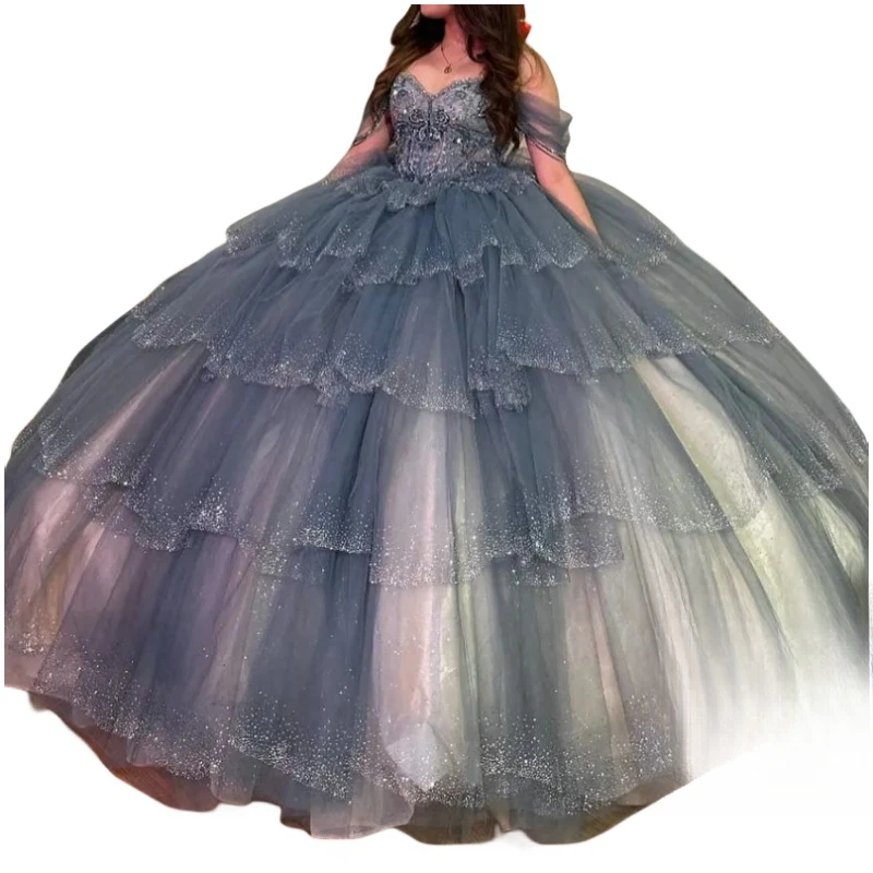 AA416 ที่กําหนดเอง Glitter Ball Gown Quincenara ปิดชุดไหล่ Ruffle Corset Vestidos De XV ห้องนอน Party Prom หวาน 16 ชุด