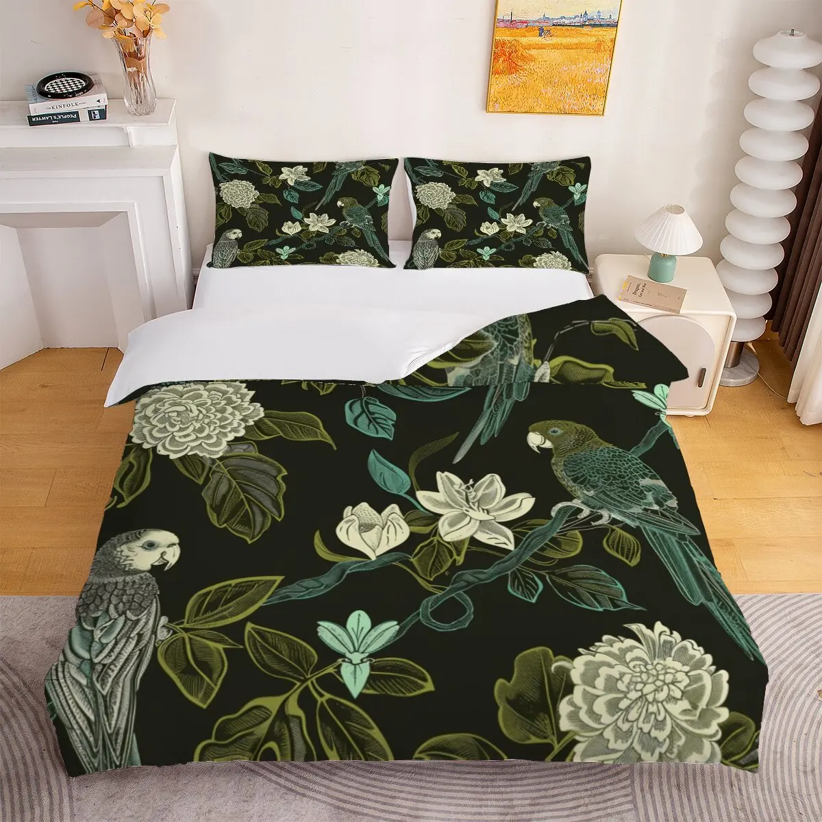 

Green parrot Down duvet cover large size White flower Printed duvet cover 3-piece set with 2 pillowcases