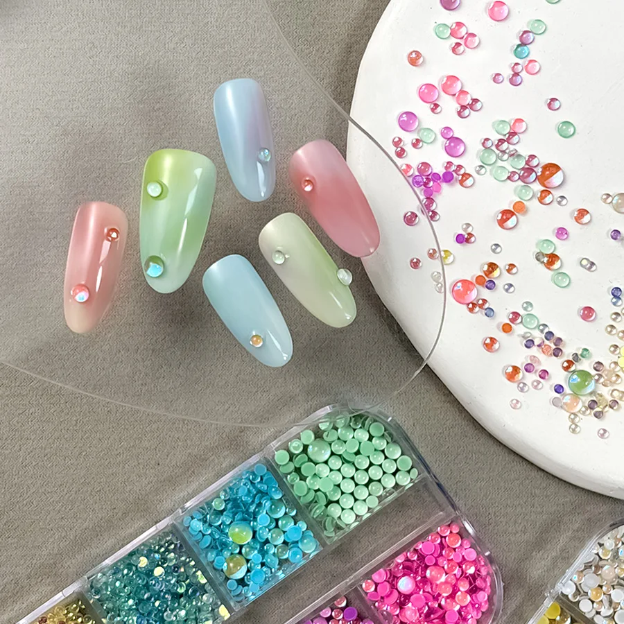 12 Grids Sparkly Mermaid Plastic Round Beads Mixed Size Macaron Bubble For DIY Nail Art Crafts Manicure Decoration Accessories