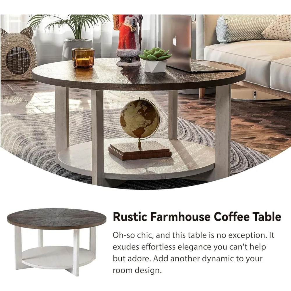 Rustic Farmhouse-Style Large Circle Coffee Table with Storage and Distressed Wood Surface