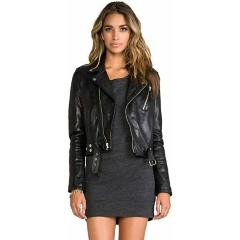 Women's Cropped Black Biker Moto Real Lambskin Leather Belted Jacket Short Coat