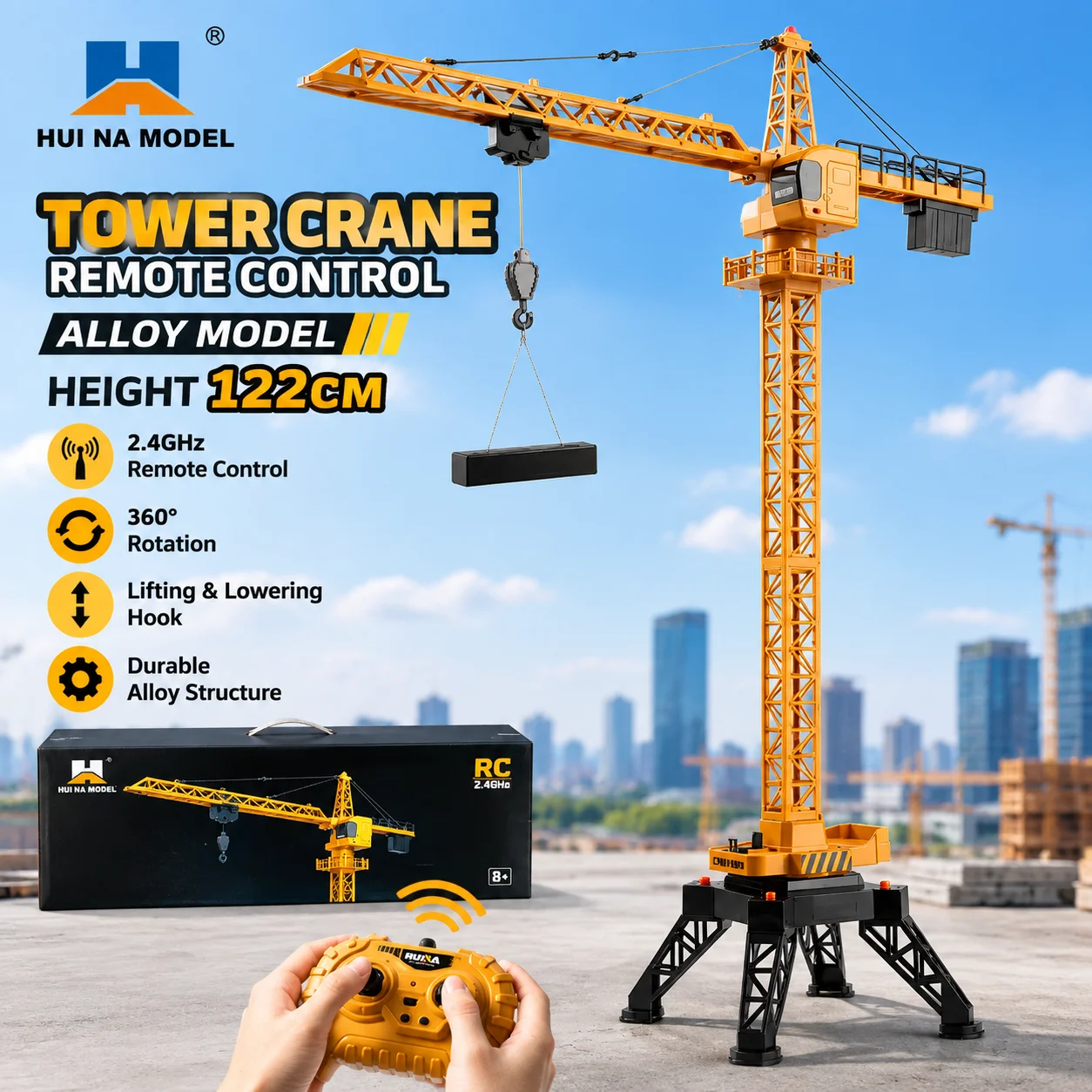 Huina 1585 Alloy Tower Crane RC Electric Construction Hoist Realistic Engineering Scale Model Toy For Kids Boys Birthday Present