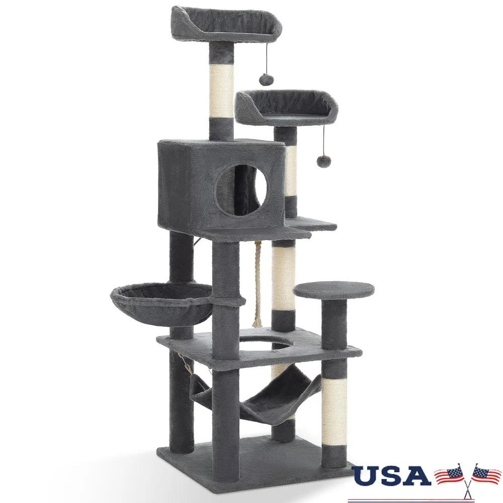 Albero per gatti multilivello da 60 pollici con amaca condominio Tiragraffi Dispositivo antiribaltamento Doppi grucce Gatti da teatro per interni