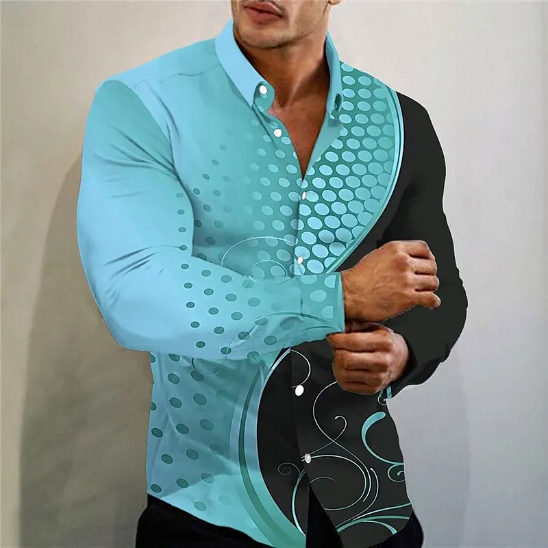 

Men's casual fashion long sleeve shirt with 3D print on lapels, trendy pattern, daily casual must-have, multiple colors