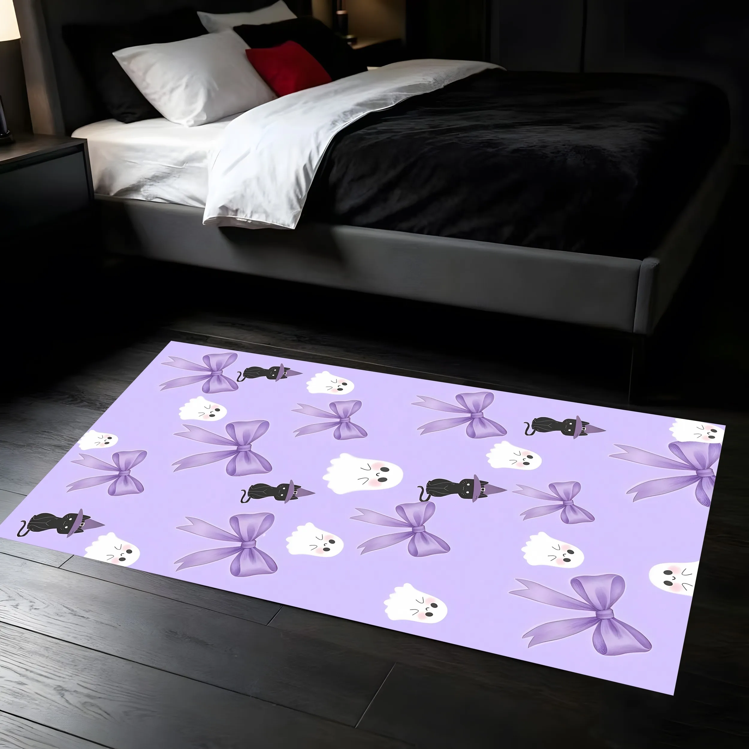 2D Large Area Rug with Taro Purple Background, Bow, Wizard, Black Cat, Cute Ghost Print A Sweet and Adorable Rug for Bedrooms.