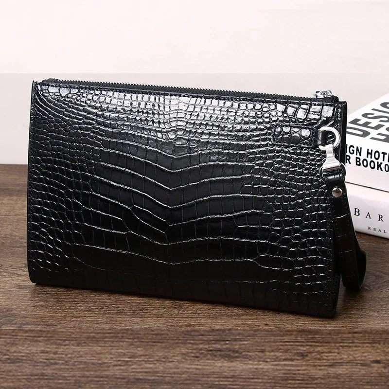 New Crocodile Skin Pattern Mens Genuine Leather Handbag Business Envelope Light Luxury Underarm Bag Cowhide Handbag Wallet Purse