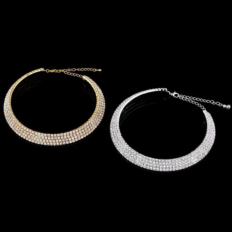 Crystal Rhinestone Choker Necklace Silver Plated and Gold Color Bridal Wedding Jewelry 1 2 3 4 5 Row Chokers Necklaces for Women