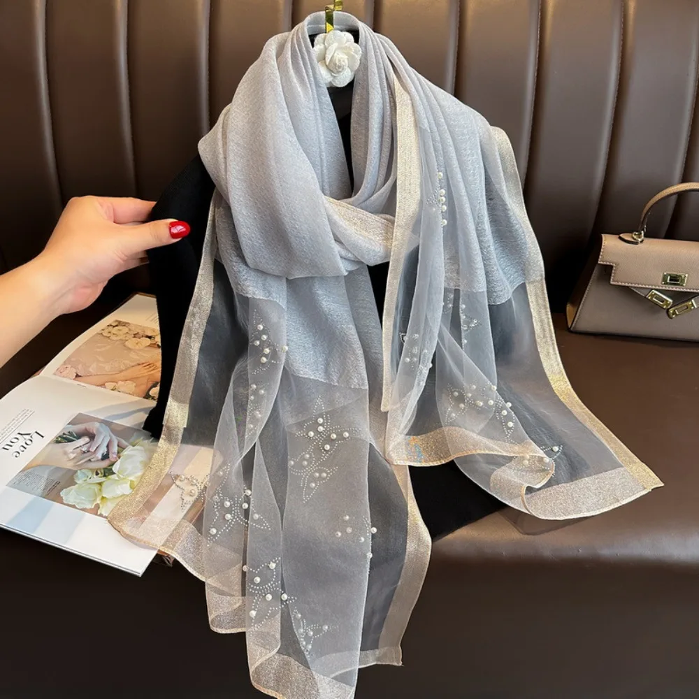 أزياء حجر الراين وشاح حريري فاخر لينة اللؤلؤ فراشة الحجاب شالات رقيقة فولارد لامعة وشاح من الدانتيل الإناث #2