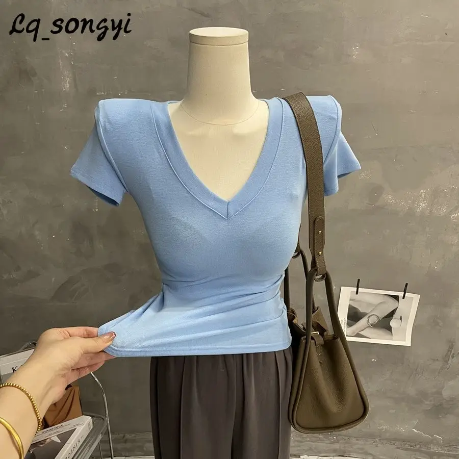 Lq_songyi Met Schoudervullingen! V-Hals T-Shirts Hoge Strecth Korte Mouw Koreaanse Pop Effen Tops Zomer Vrouwen Basis Slim T-Shirt