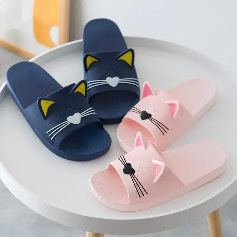 New Summer Slippers Women Home Shoes Sandals Cartoon Cats Flip Flops Men Couple\'s Soft Sole Bathroom Slippers Zapatillas