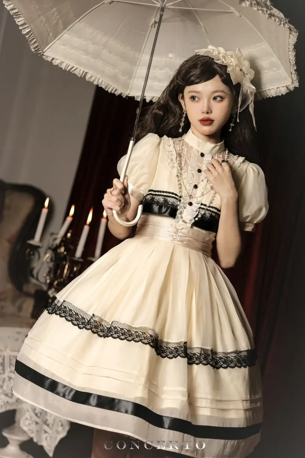 NONSAR Japanese Lolita Princess Dress Women Victorian Retro Short Bubble Sleeve Dresses Harajuku Lace Slim Evening Party Dress