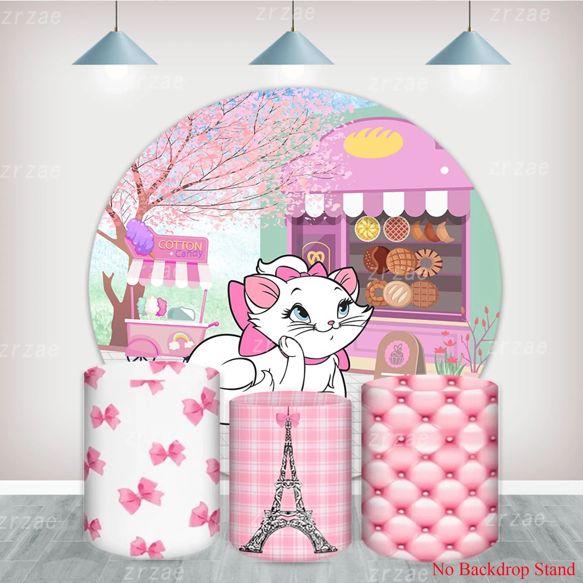 Marie Cat Round Backdrop for Girls Birthday Party Pink Photo Decoration Cartoon Cover Baby Shower Circle Cylinder Banner Props
