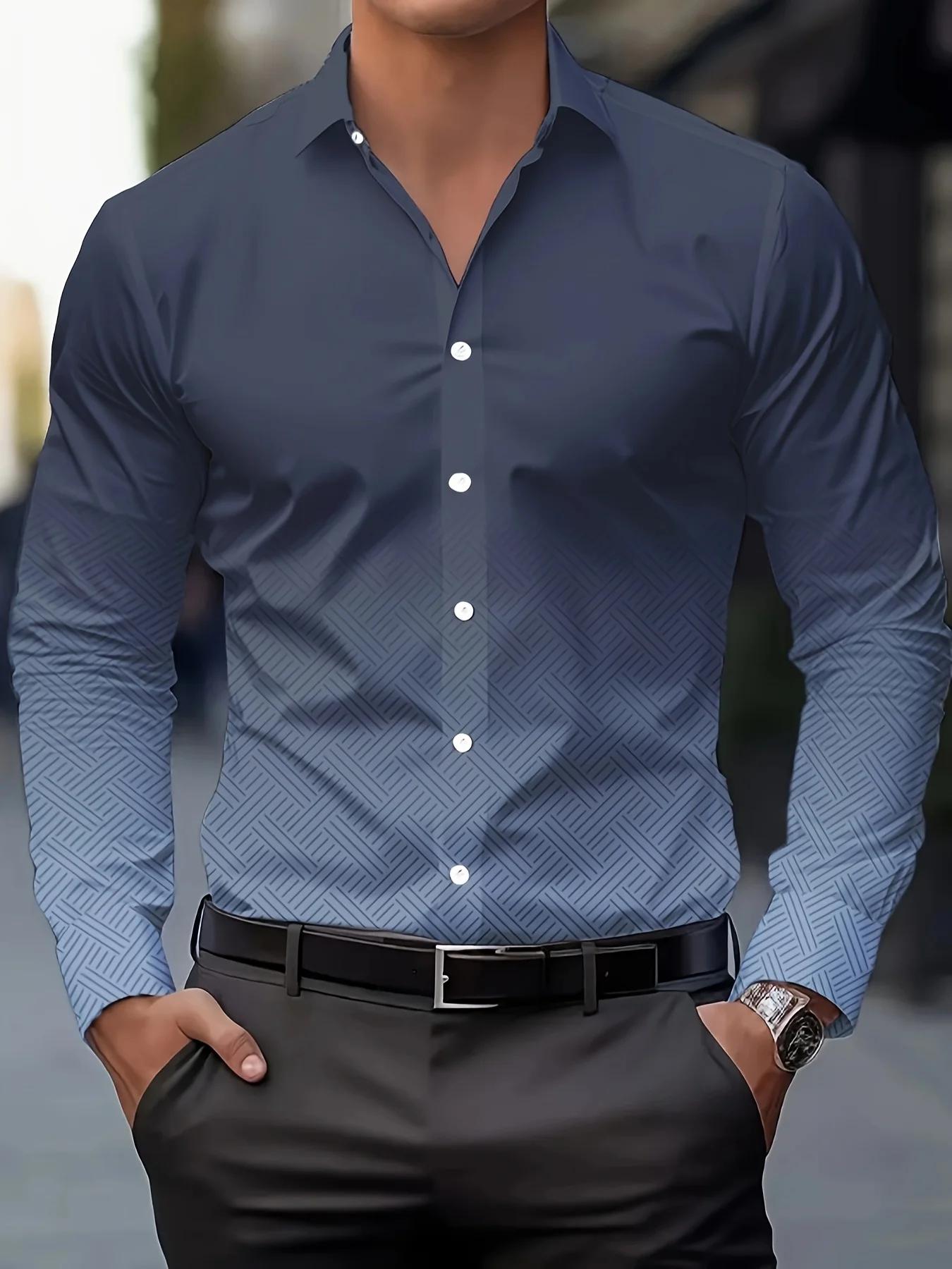 Men\'s Stylish Casual Long Sleeve Shirt Breathable Tops Gradient Casual Business Shirts Full Sleeve shirts Turn-Down Collar