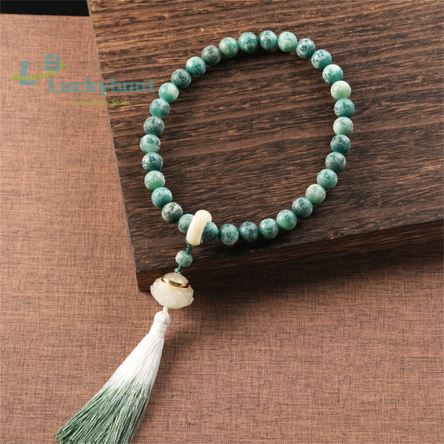 Bodhi root carved six character mantra green round bead running ring tassel bracelet fashionable and exquisite men's and women's