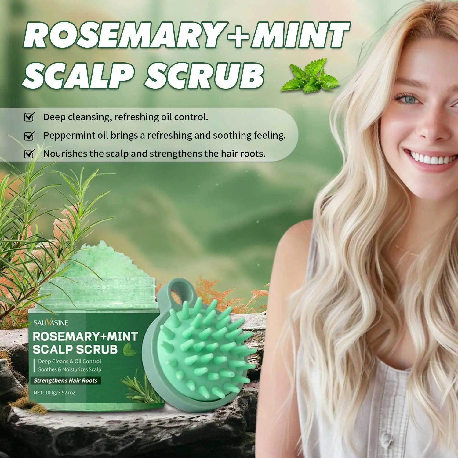 100g Rosemary Mint Scalp Scrub with Massage Comb Peppermint Hair Scrub Shampoo