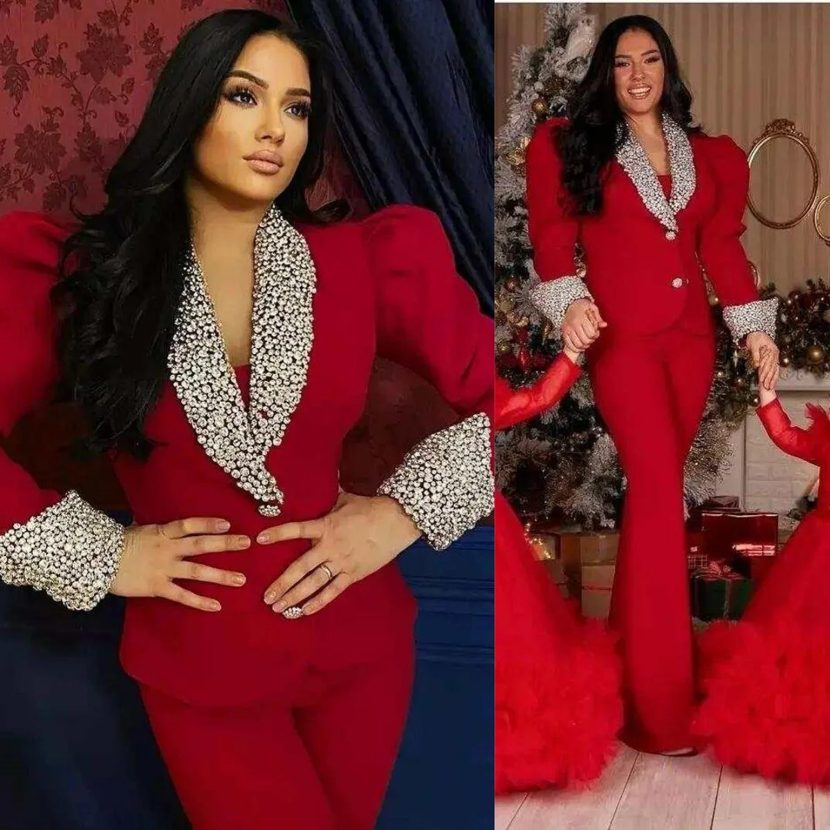 Plus Size Damen-Hosenanzüge für Hochzeiten, rote Hosenanzüge für die Brautmutter, maßgeschneiderte Kristalljacke für Damen, Party- und Ballkleidung