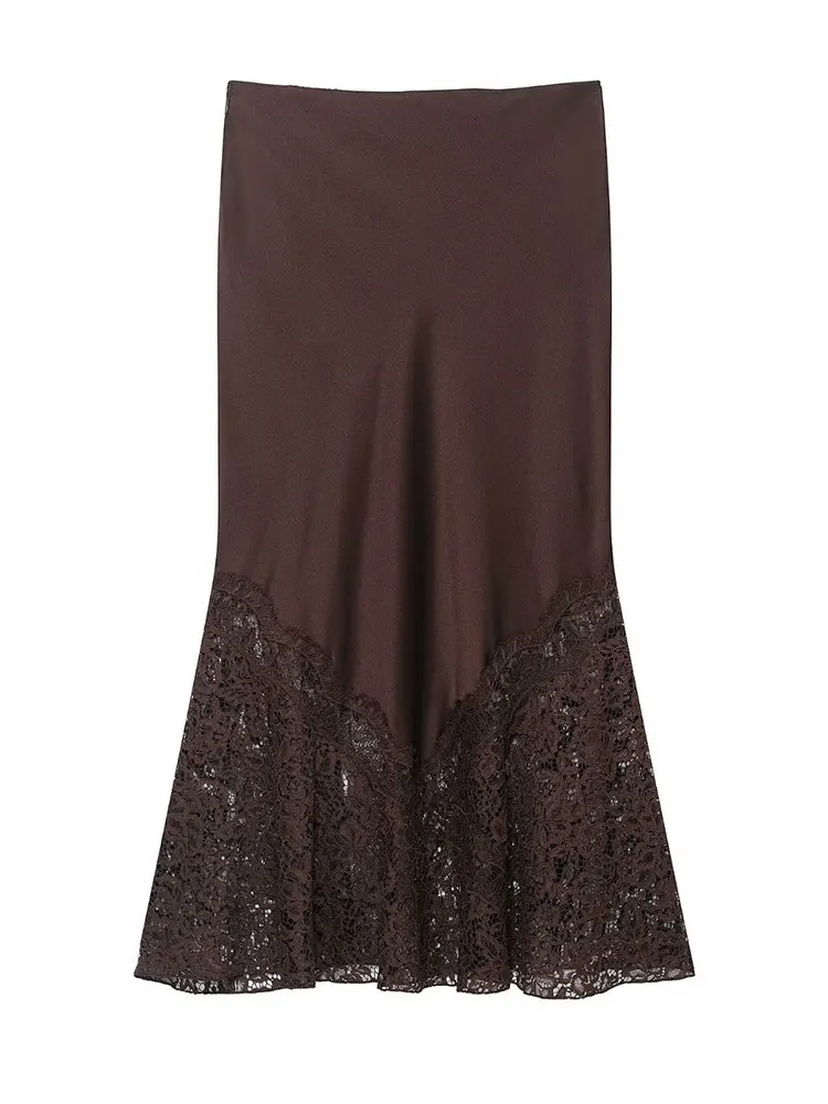 HH Women Fashion Brown Lace Hem Slit Skirt Side Zipper High Waist Slim Midi Skirts Lady Party Evening Club Straight Skirts