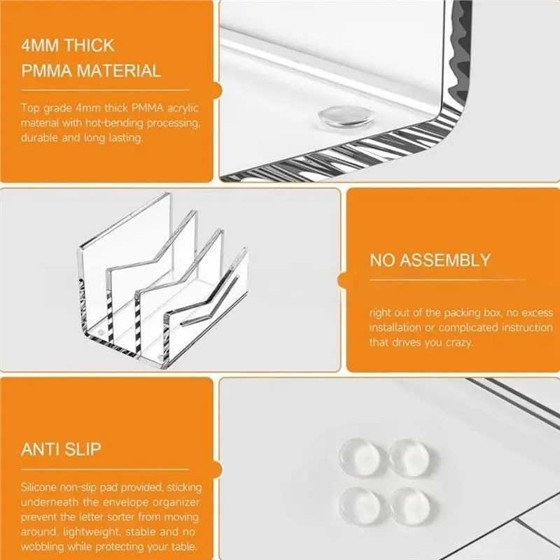 A53M-Acrylic Mail Holder, Clear Acrylic File Letter Organizer, Vertical Envelope Mail Holder For Desk, Countertop Bill