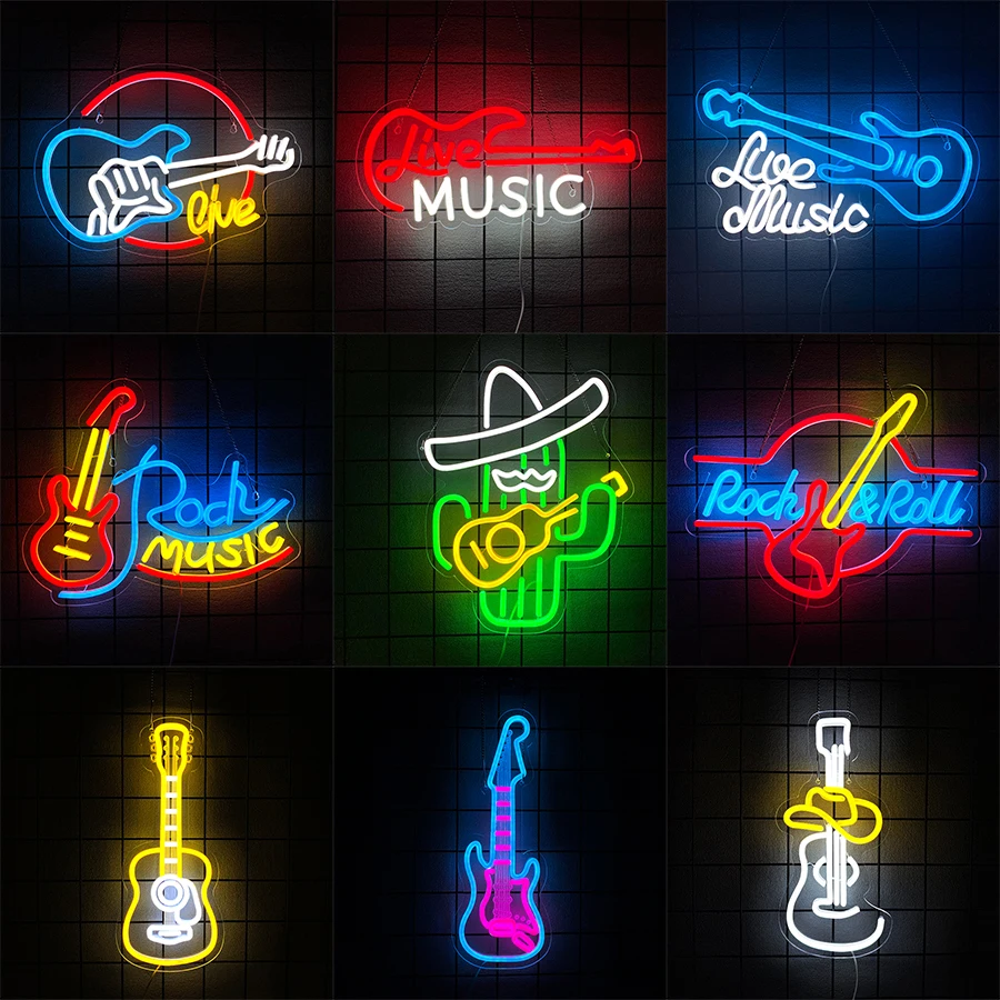 Guitar Rock and Roll Neon Sign  for Wall Decor,Led Live Music Neon Light Sign for Bar Live Music Vocal Recital Concert Man Cave