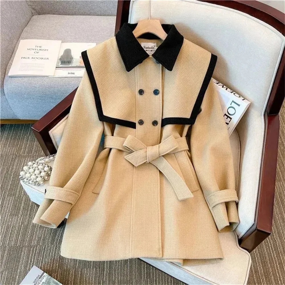 2023 Autumn/Winter Lady High End Small Figure Design Sense Small Navy Collar Double Breasted Lace Up Waist Wrap Outcoat Women