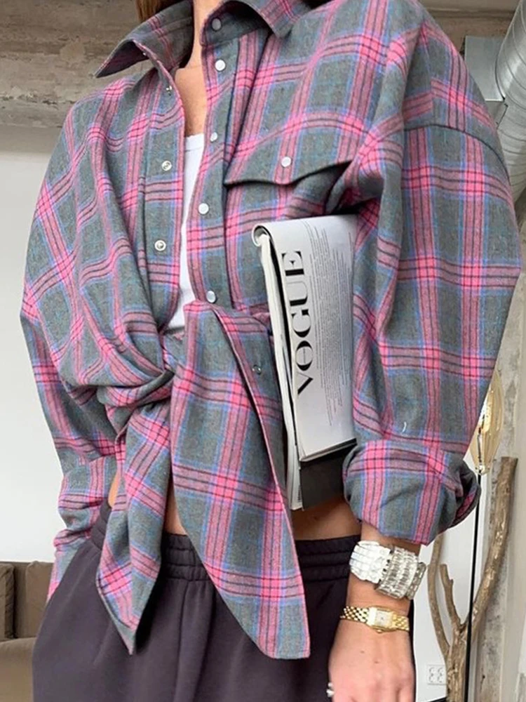 2024 Autumn Winter Women Oversized Plaid Shirt Vintage Long Sleeve Loose Fit Blouse For Woman