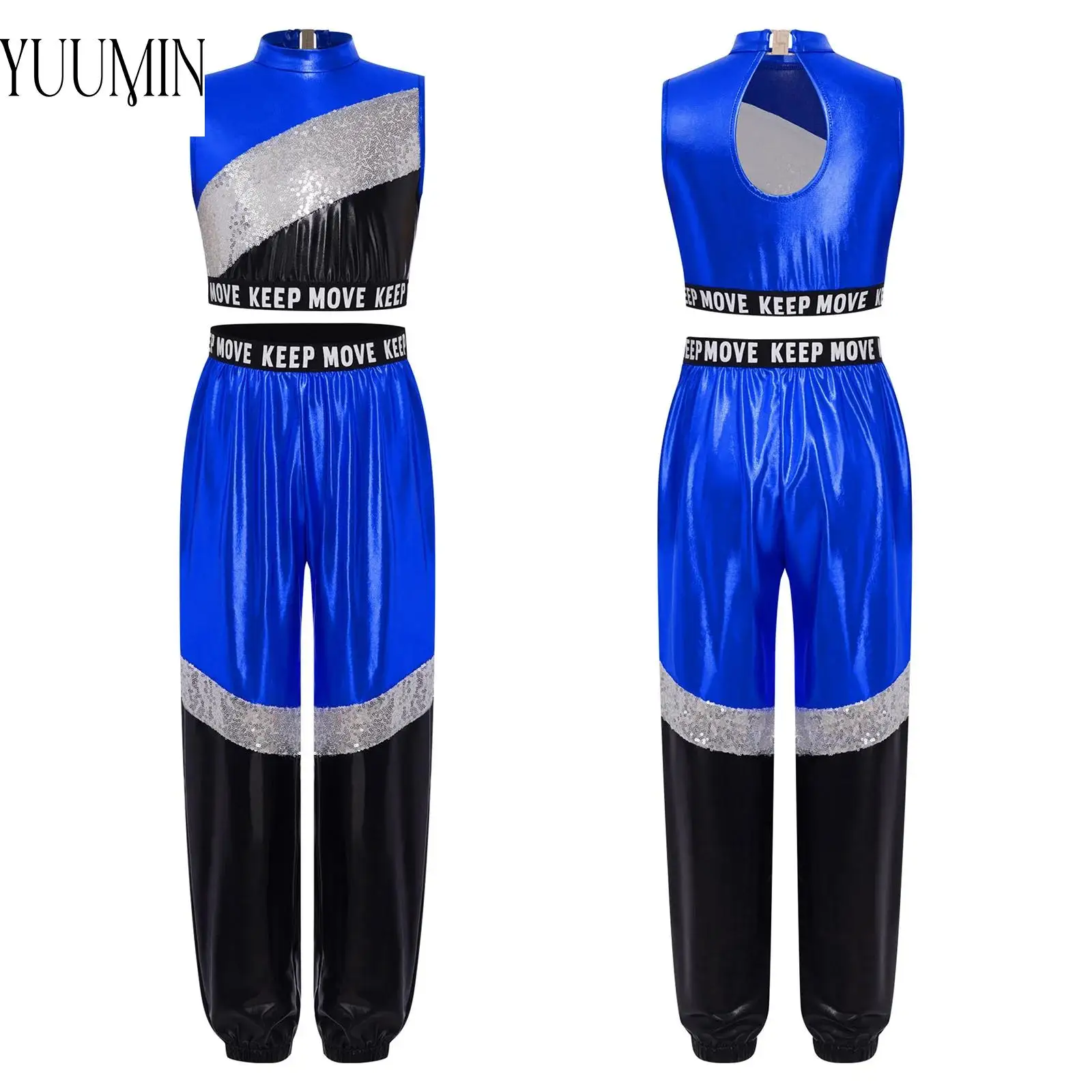 

Kids Girls Jazz Street Dance Outfit Performance Costume Sleeveless Keyhole Back Hem Sparkly Sequins Metallic Crop Top with Pants